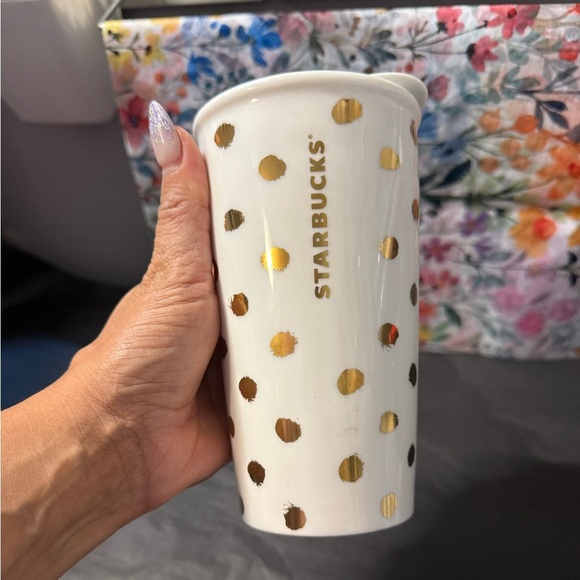 Starbucks | Grande Ivory White and Gold Splotch design Ceramic Mug w/ lid - Picture 5 of 5